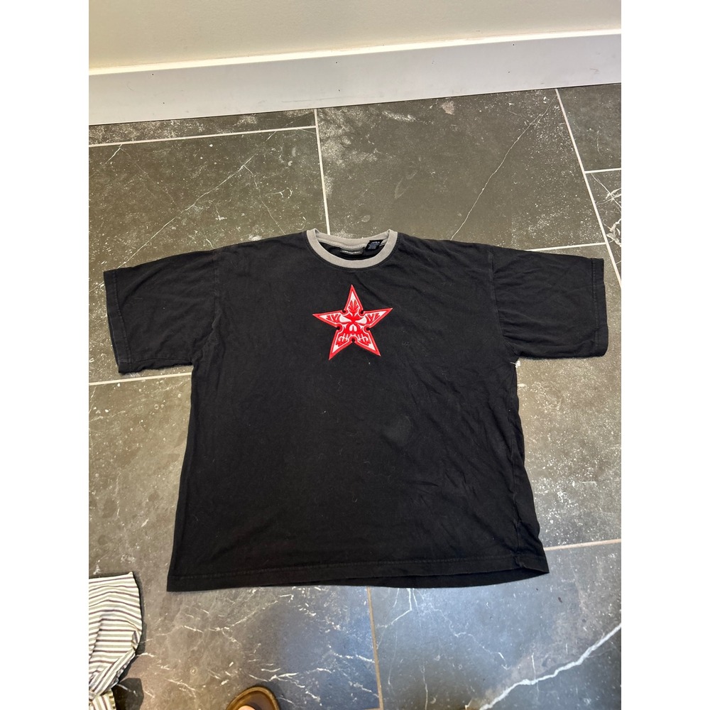 No Boundaries y2k 2000s Mens XL Black Ringer T-Shirt Red Star Skull Graphic